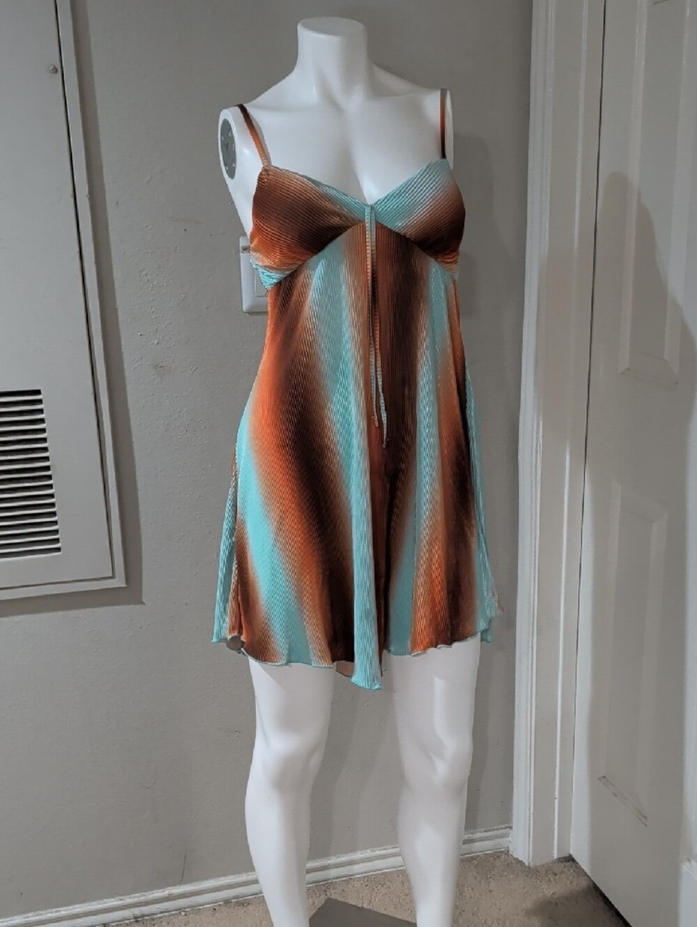 Y2K No Boundaries Aqua and Copper Striped Satin Textured Slip Dress Women's S - Picture 4 of 10